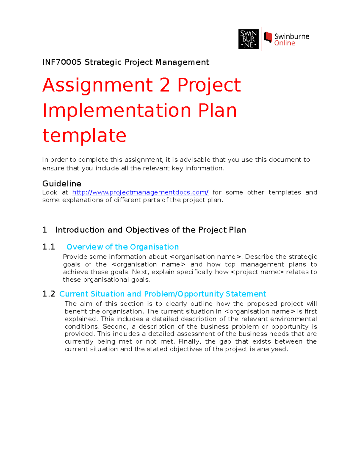 A2 Project Implementation Plan template - INF70005 Strategic Project ...