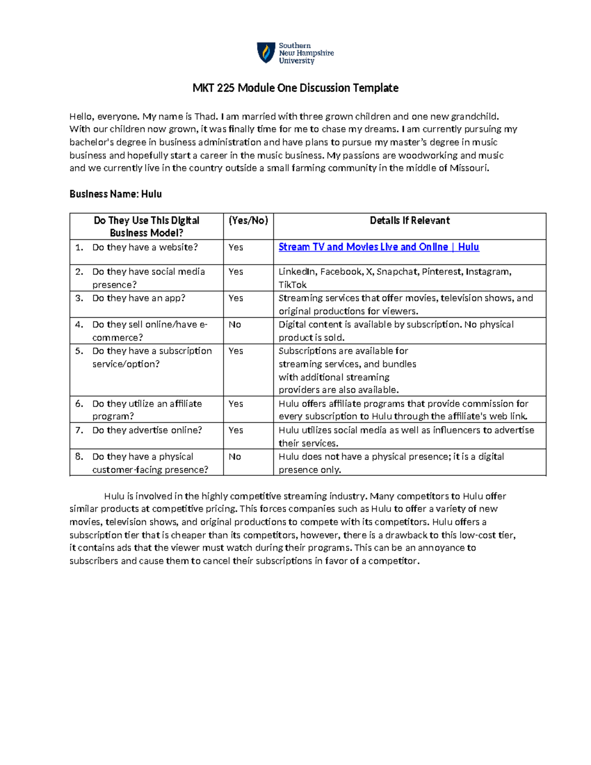 MKT 225 Module One Discussion Template MKT 225 Module One Discussion