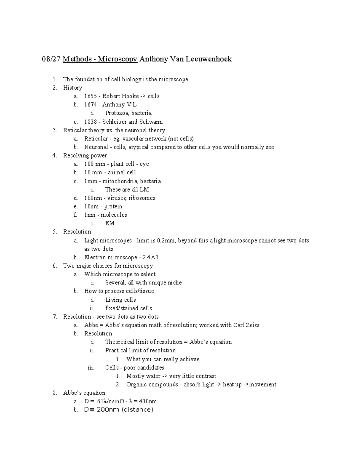 Bio 311 - Bio lecture notes and exam review - Exam 1 - 08/27 Methods ...
