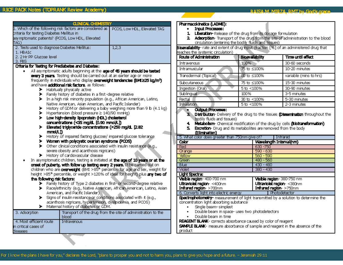 Top Rank XRice Pack Notes- August 2022 RMTs - CLINICAL CHEMISTRY Which ...