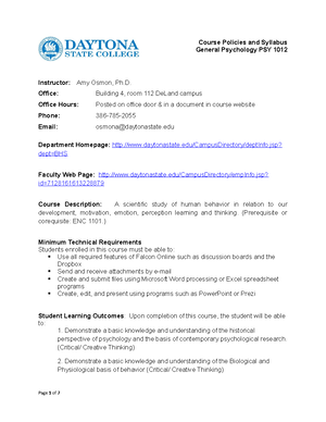 PSY1012 FA15 - Lecture notes Syllabi - Course Policies and Syllabus General  Psychology PSY 1012 - Studocu