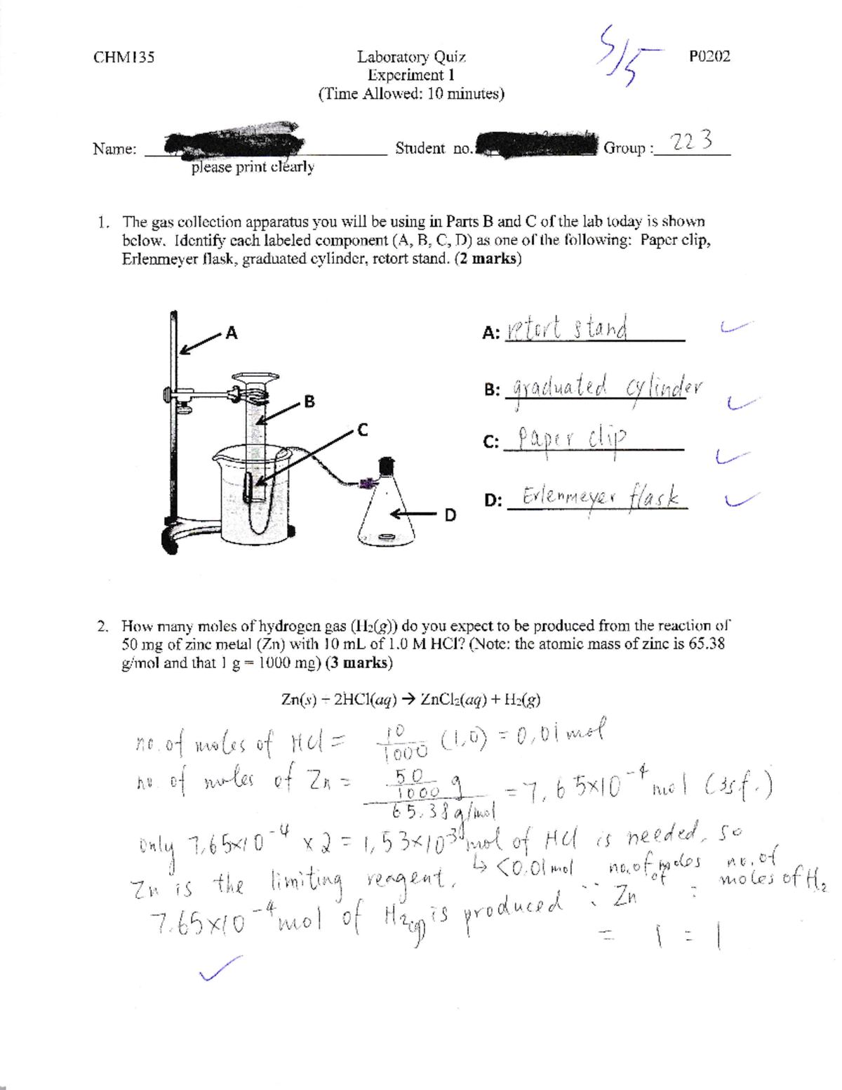 CHM135 Lab Quiz - Experiment 1 Zinc and acid to form hydrogen - CHMl 2 ...