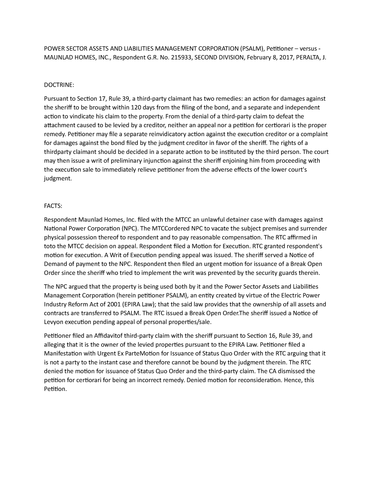 Power Sector Assets AND Liabilities Management Corporation VS Maunlad ...