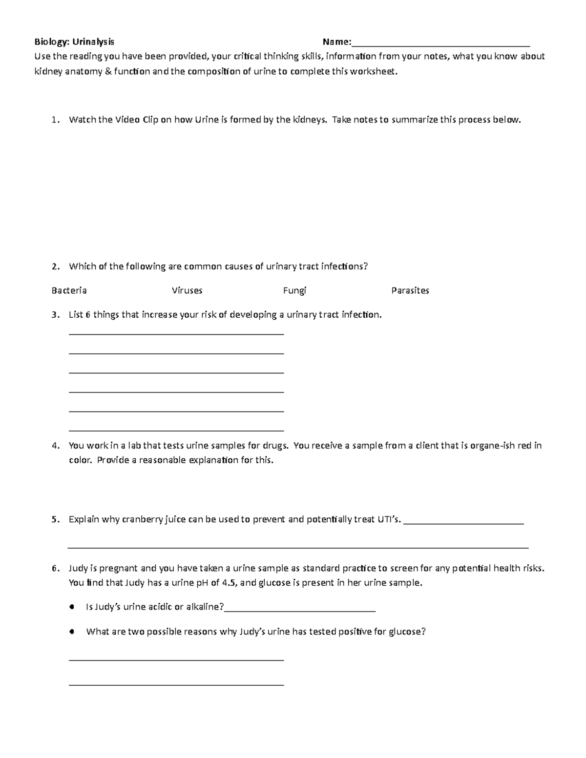 Introduction to Urinalysis Worksheet - Biology: Urinalysis Name