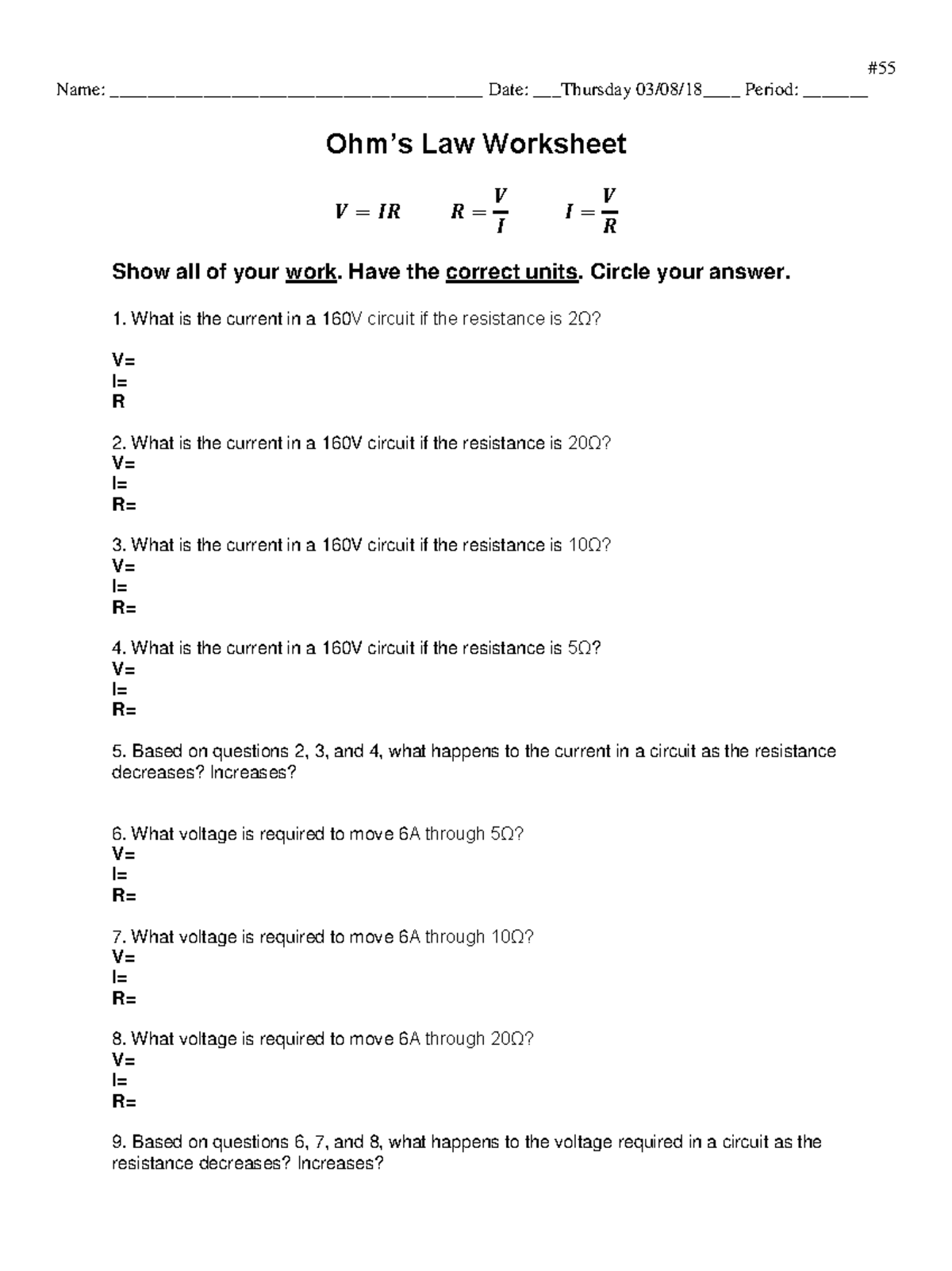03 08 18 ohms law worksheet alt - # 55 Name ...