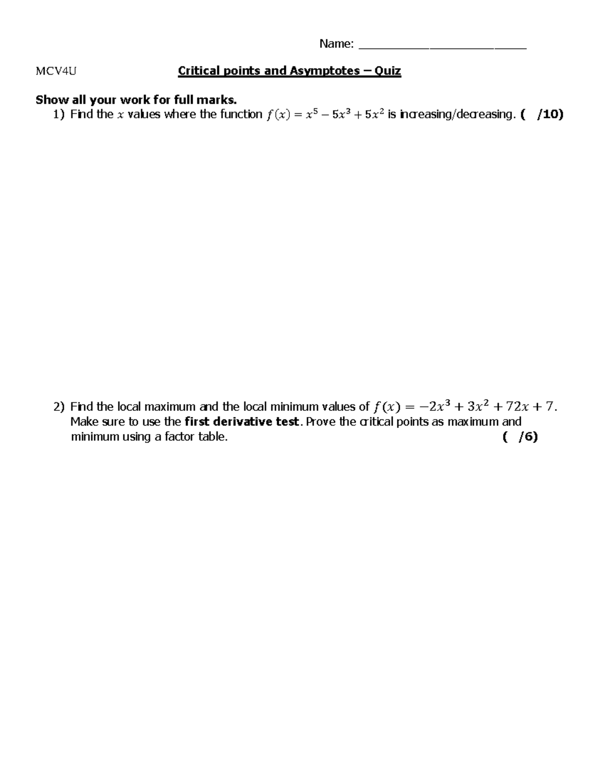 Unit6 Critical Points & Asymptotes Quiz - Name ...