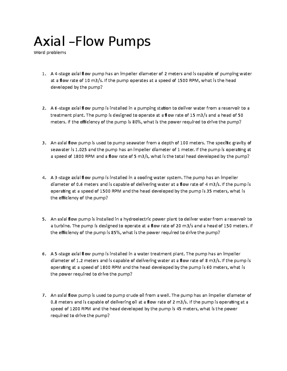 Axial.word problems selfmade worksheet for fluid mechanics 1 Axial