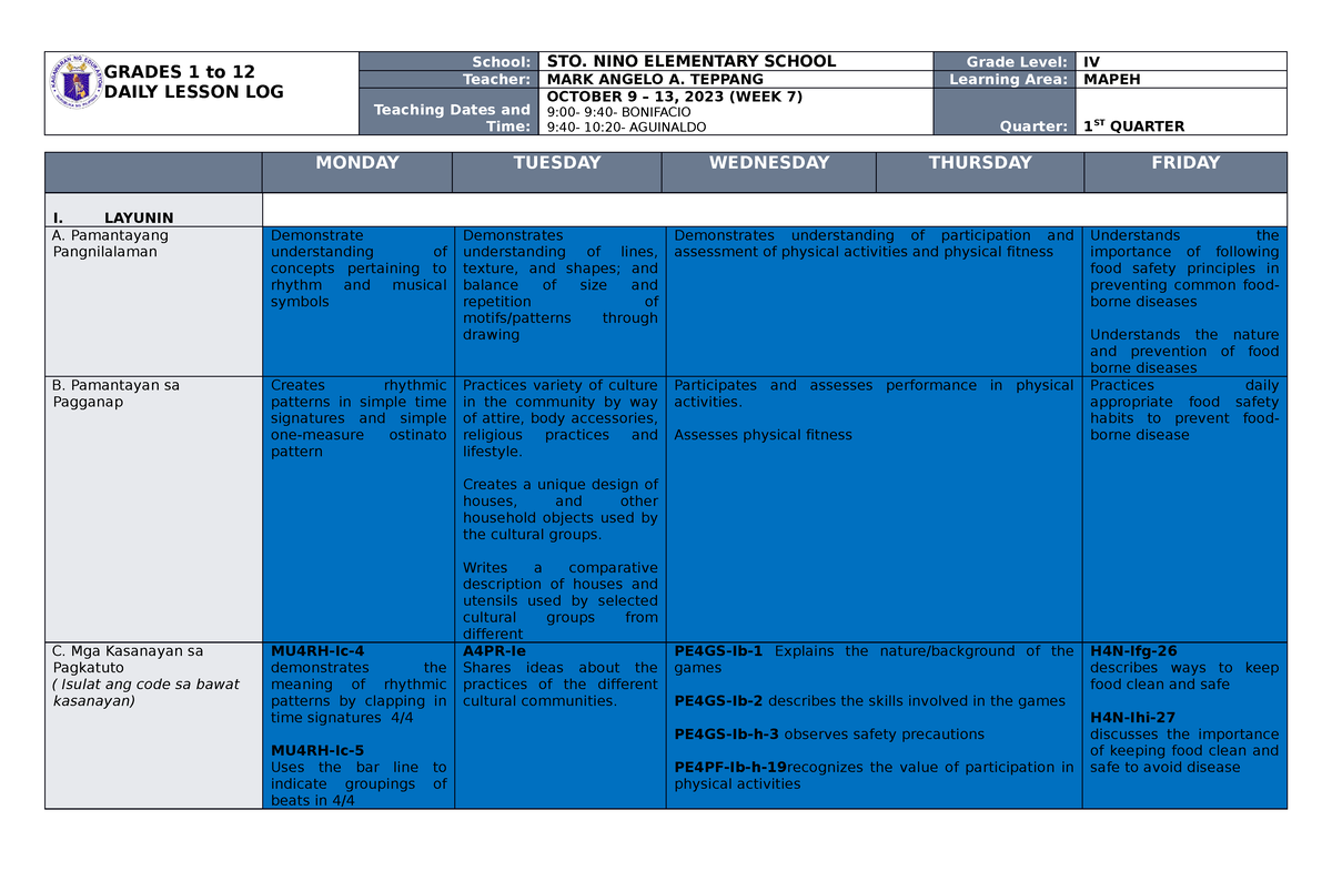 DLL Mapeh 4 Q1 W7 - DLL - GRADES 1 To 12 DAILY LESSON LOG School: STO ...