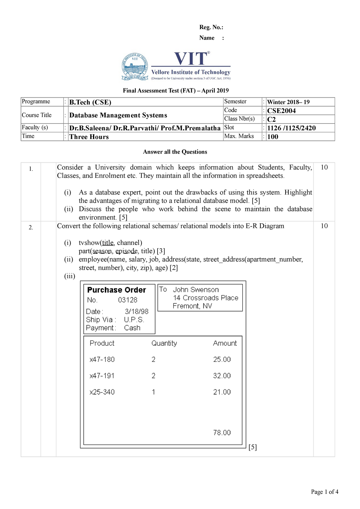 Exam Sample Paper - Reg. No.: Name : Final Assessment Test (FAT ...