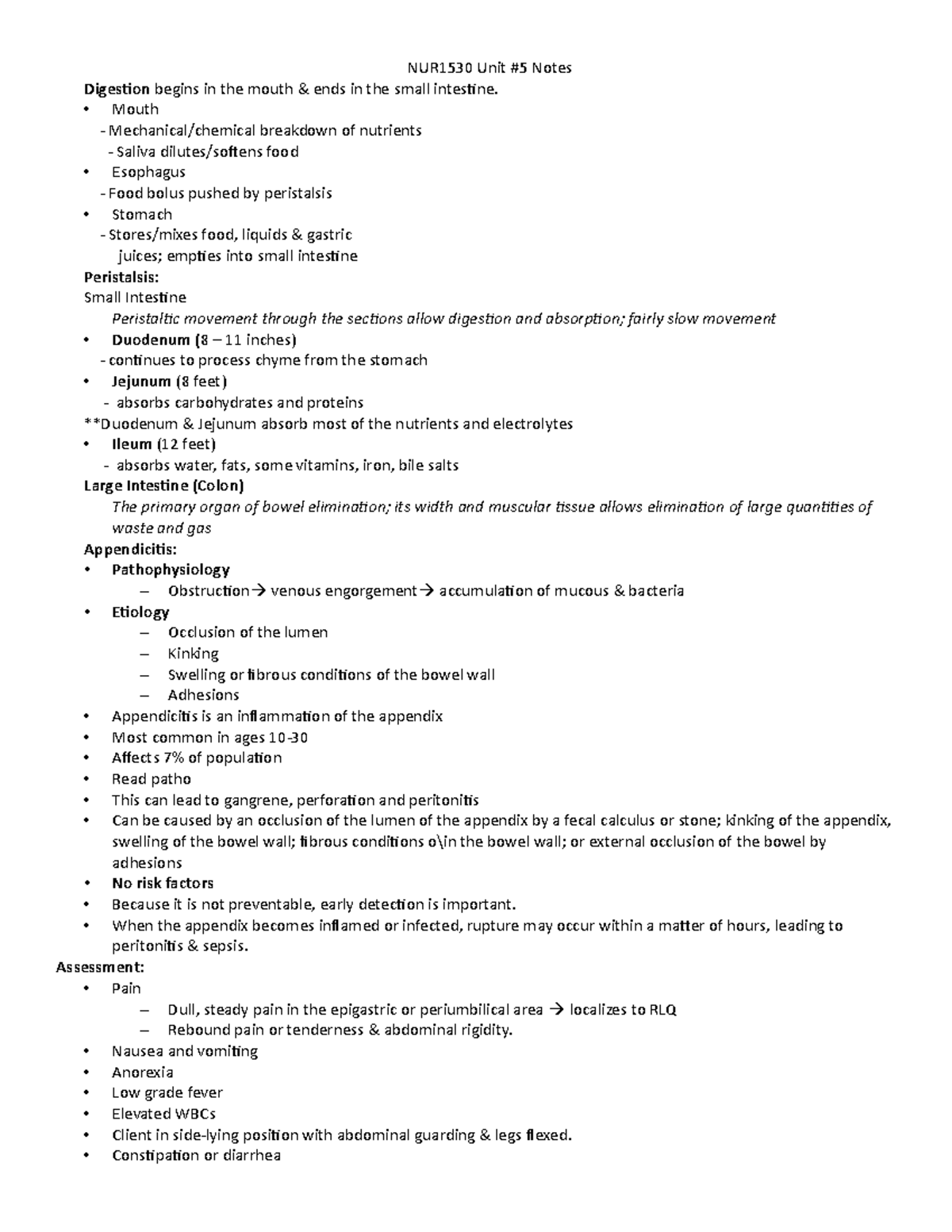 NUR1530Unit#5Notes - Unit 5 is everything the digestive system ...