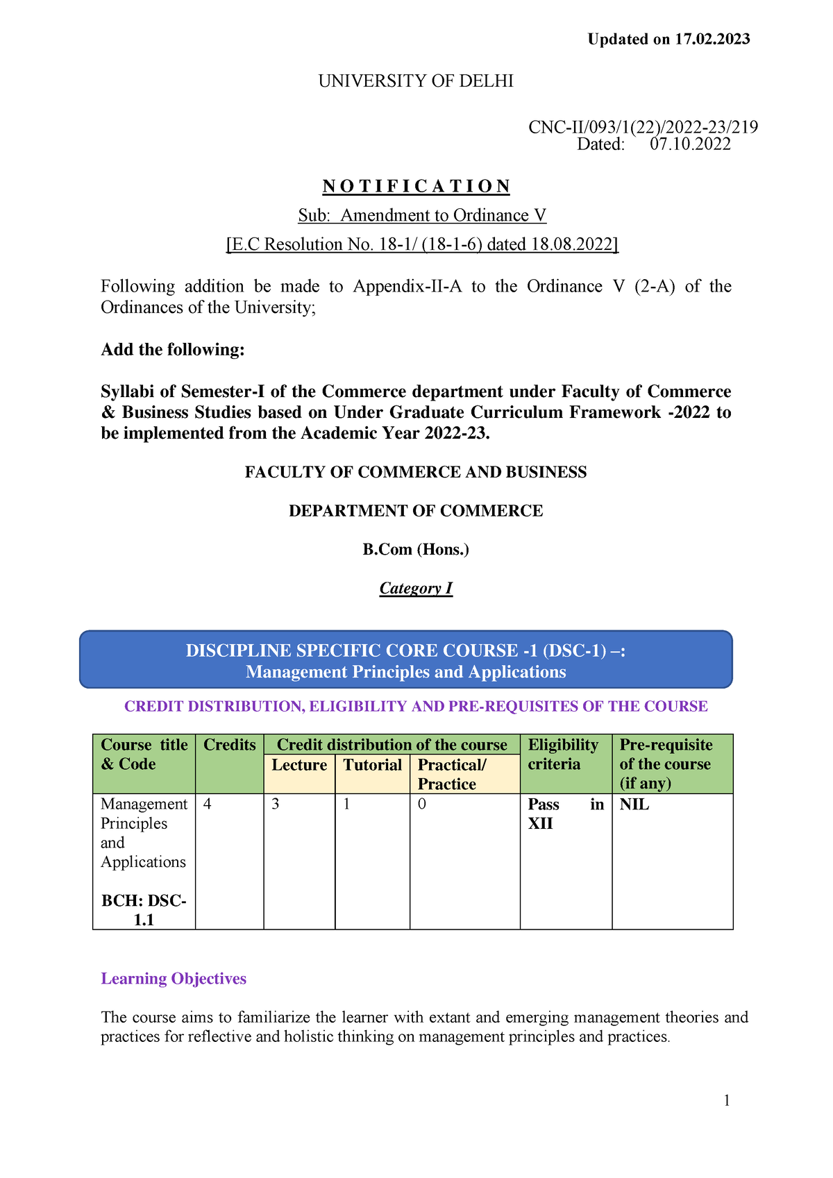 Bcom Hons Syllabus - UNIVERSITY OF DELHI CNC-II/093/1(22)/2022-23 ...