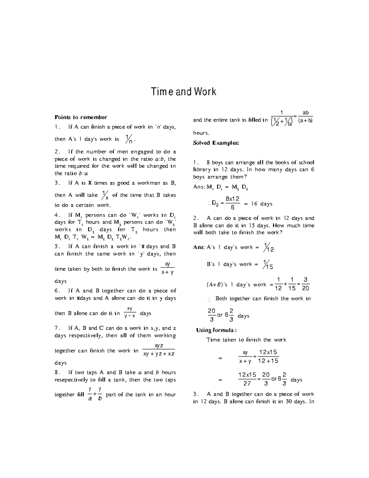 Quantitative Aptitude- Time And Work - Points To Remember If A Can ...