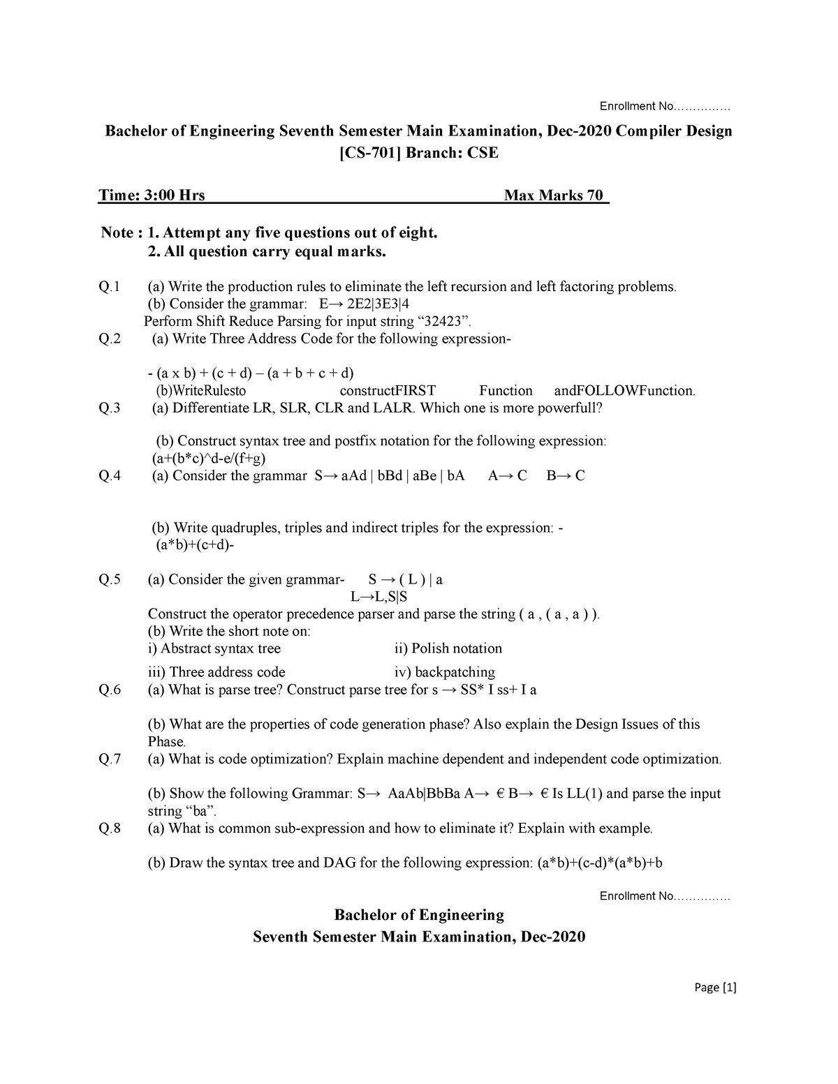 Compiler Design Enrollment No Bachelor Of Engineering Seventh Semester Main 4179