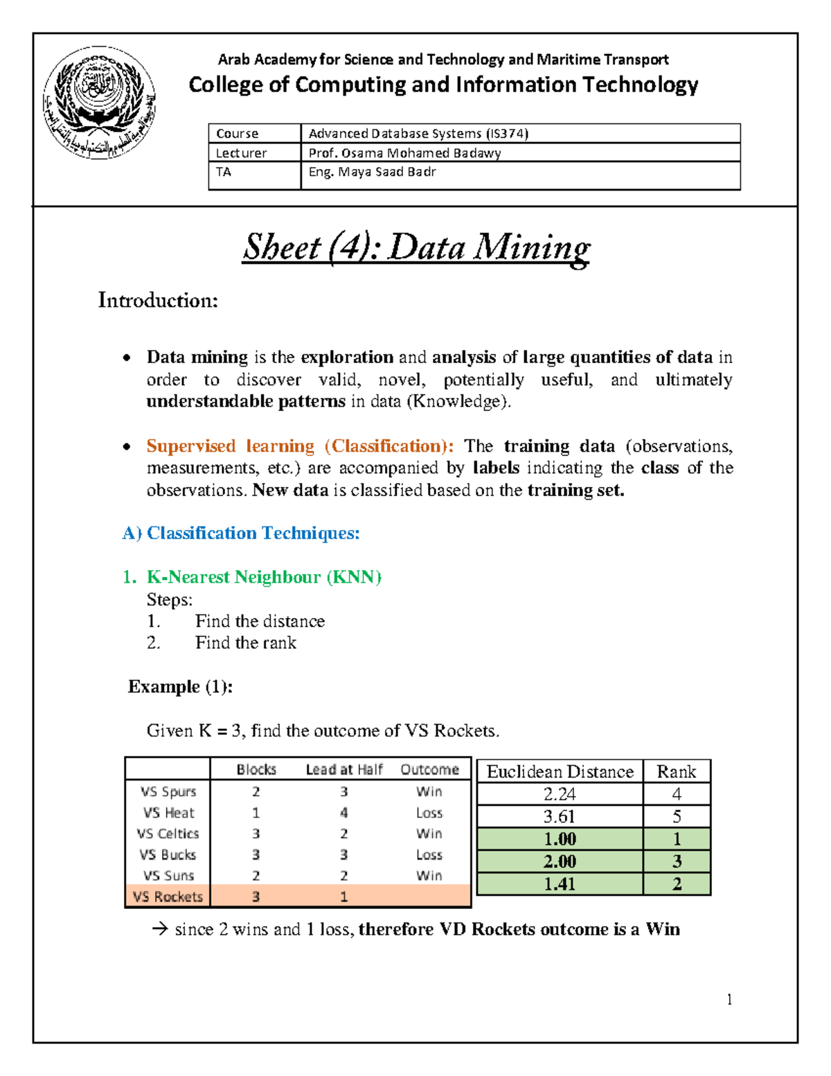 Adv DB Sheet 4 - information retrieval - Arab Academy for Science and ...