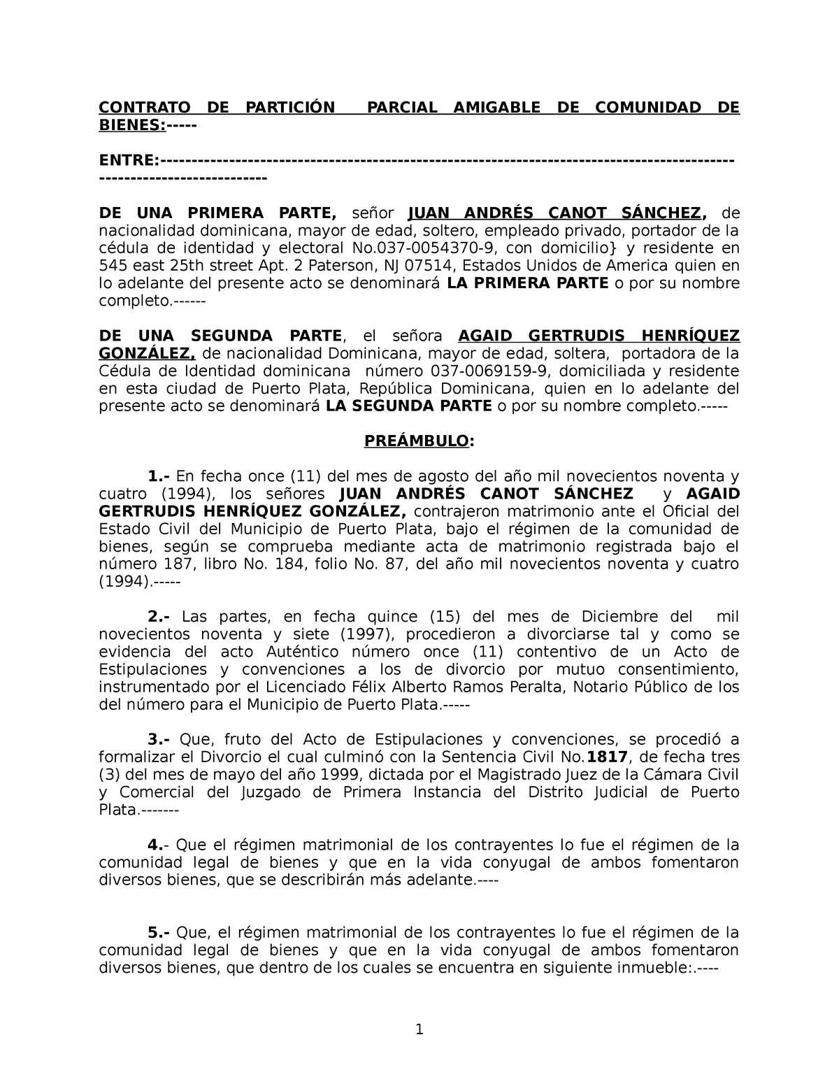 Particion Amigable - CONTRATO DE PARTICIÓN PARCIAL AMIGABLE DE ...