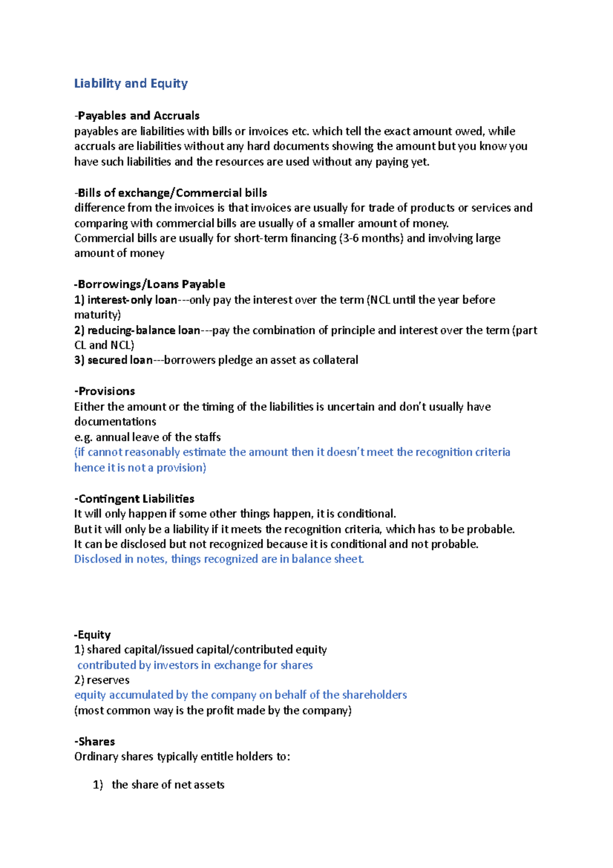 Liability and Equity - H1 summary for a single lecture - Liability and ...