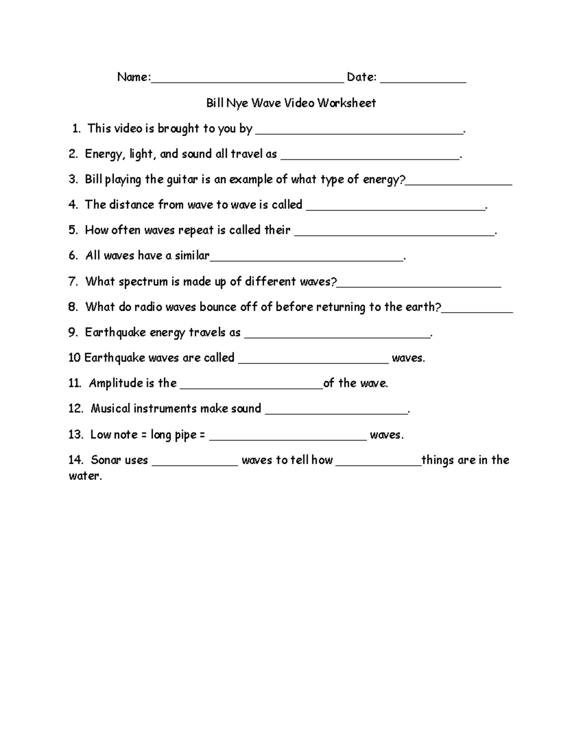 Copy of Bill Nye Wave Video Worksheet - Name