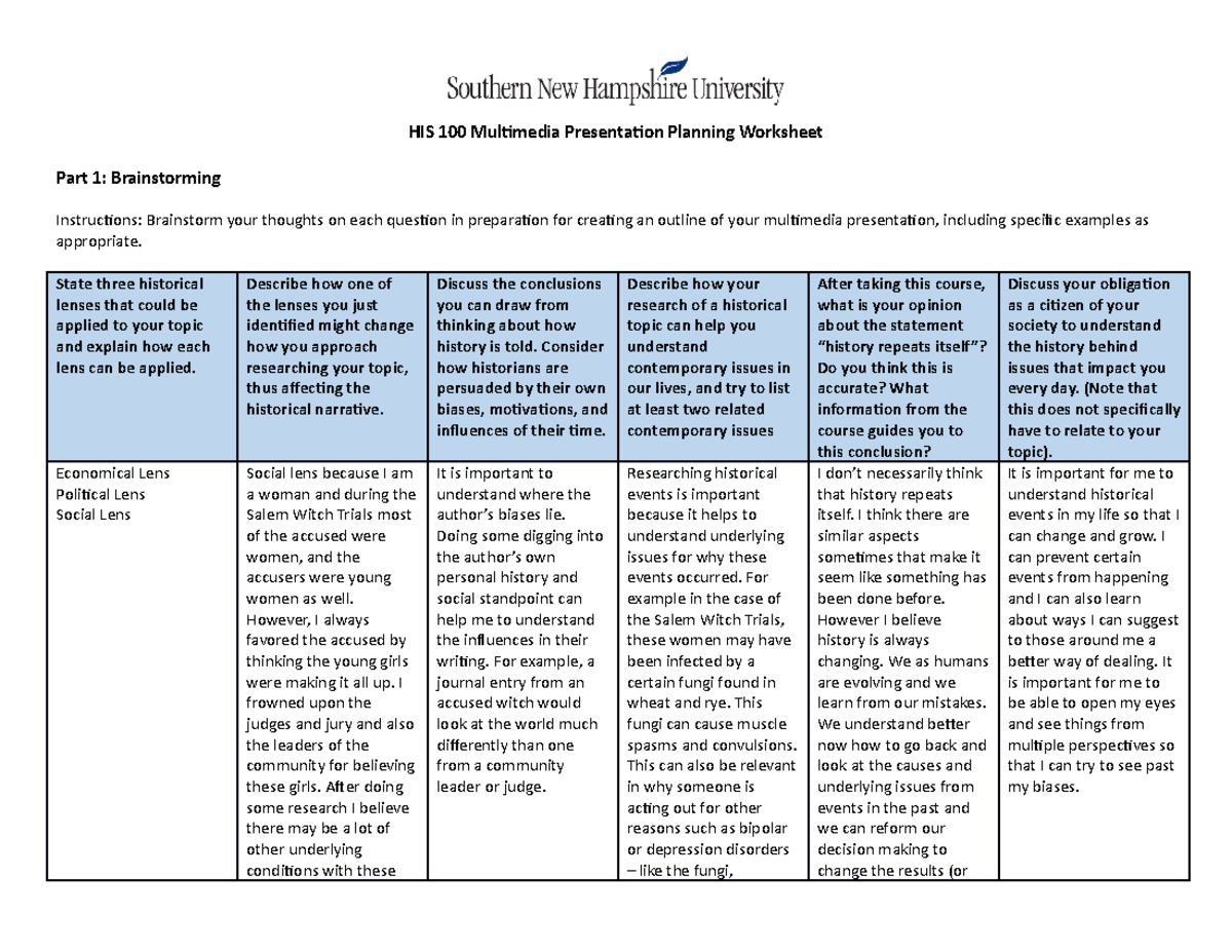 HIS 100 Multimedia Presentation Planning Worksheet - State three ...