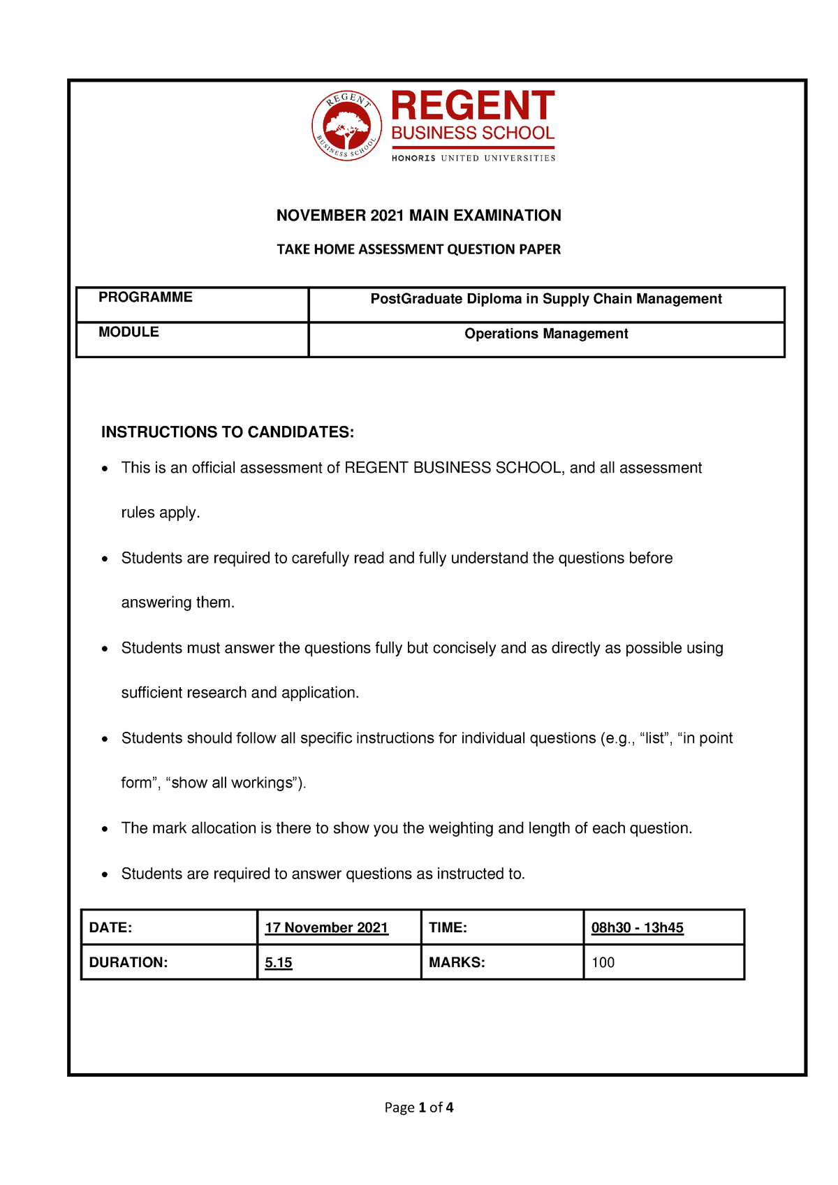 Pdscm Operations Management - NOVEMBER 2021 MAIN EXAMINATION TAKE HOME ...