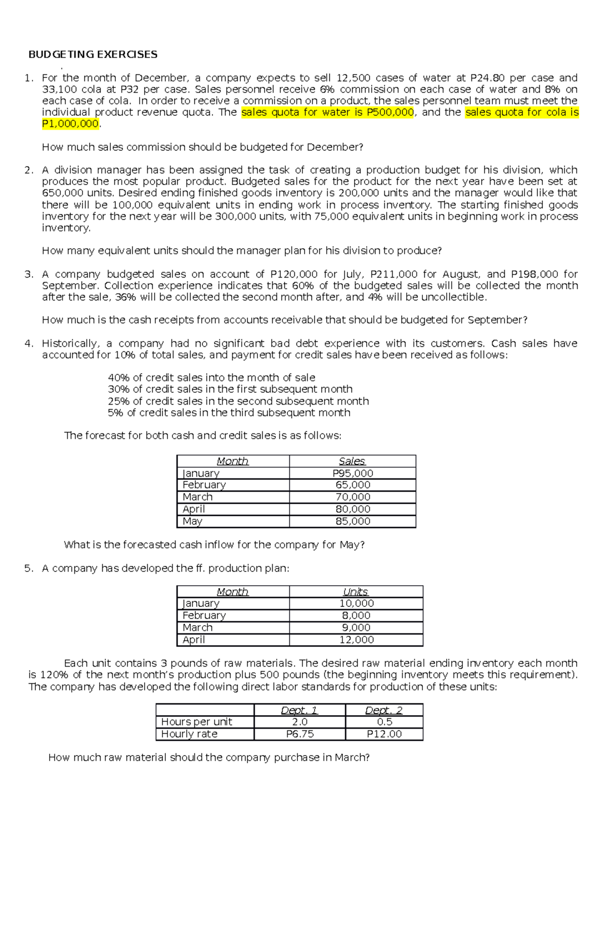 Budgeting-exercises-2 - BUDGETING EXERCISES . For the month of December ...