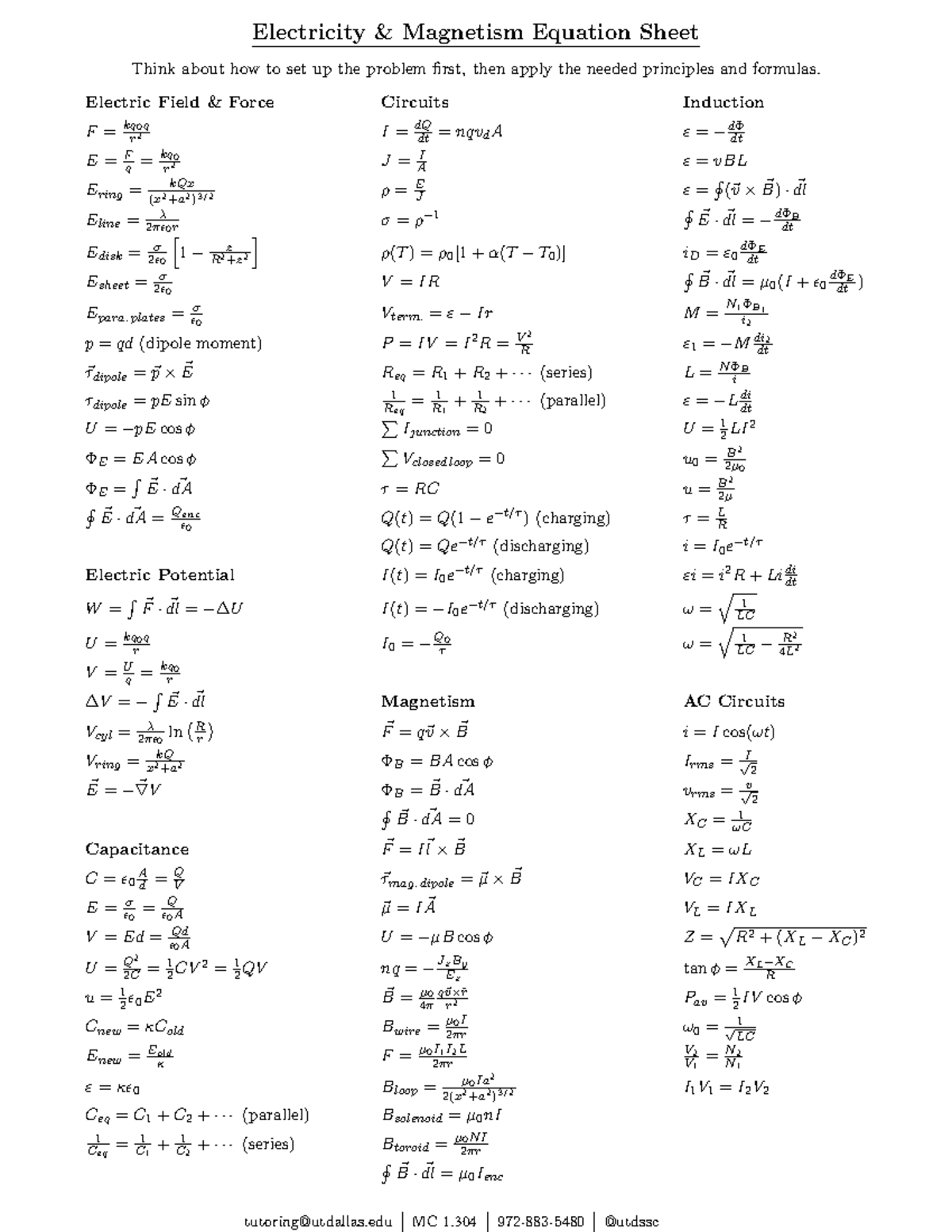 Electromagnetism-Equation-Sheet - tutoring@utdallas MC 1. 304 972-883 ...