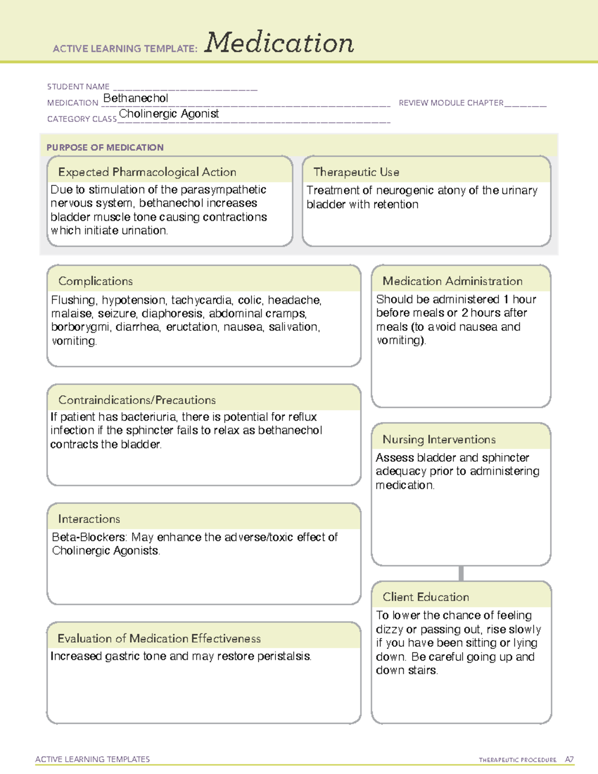 Bethanechol - Review Notes And Answers For Quiz 1 NURS 306. Notes For ...