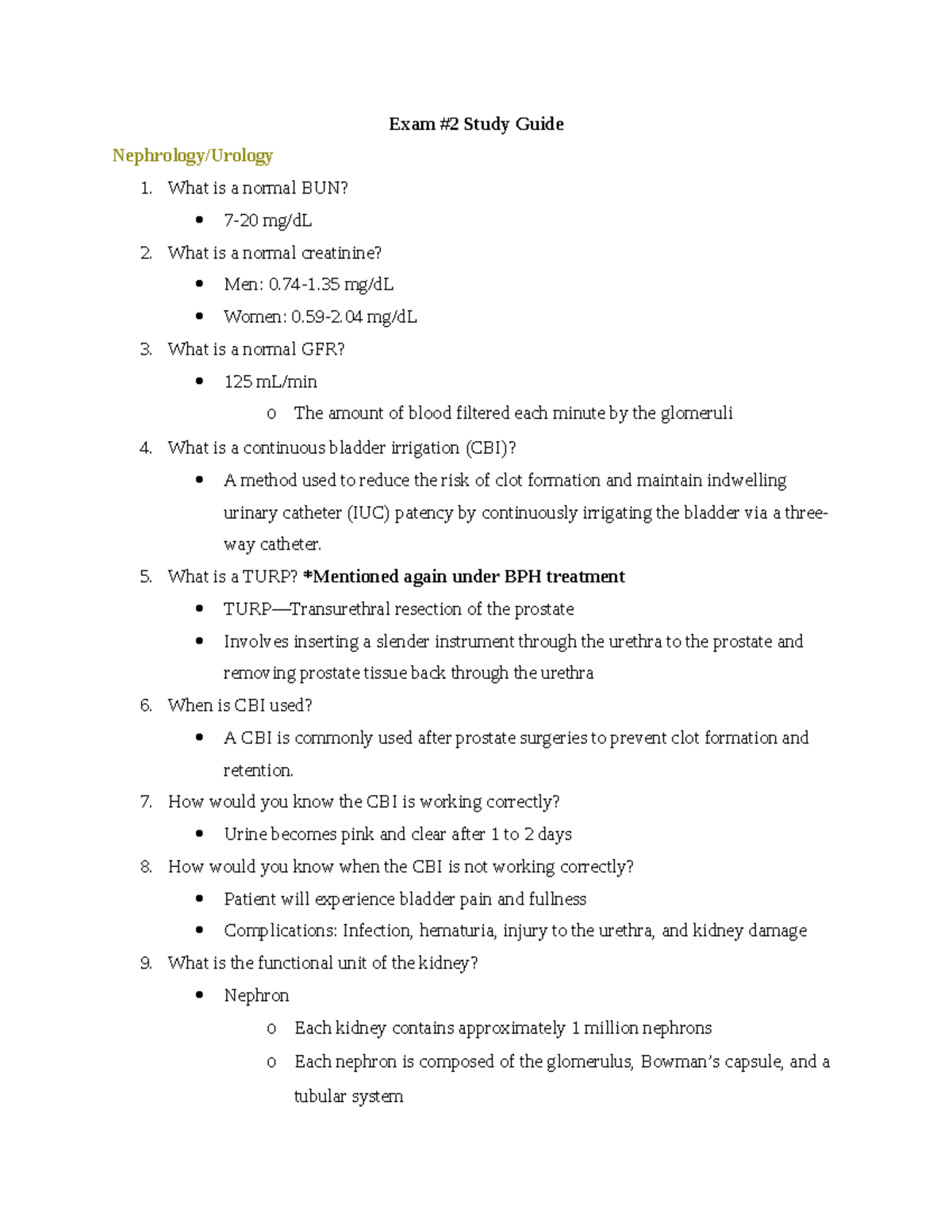 Exam 2 Study Guide Nephrology Urology - Exam #2 Study Guide Nephrology ...