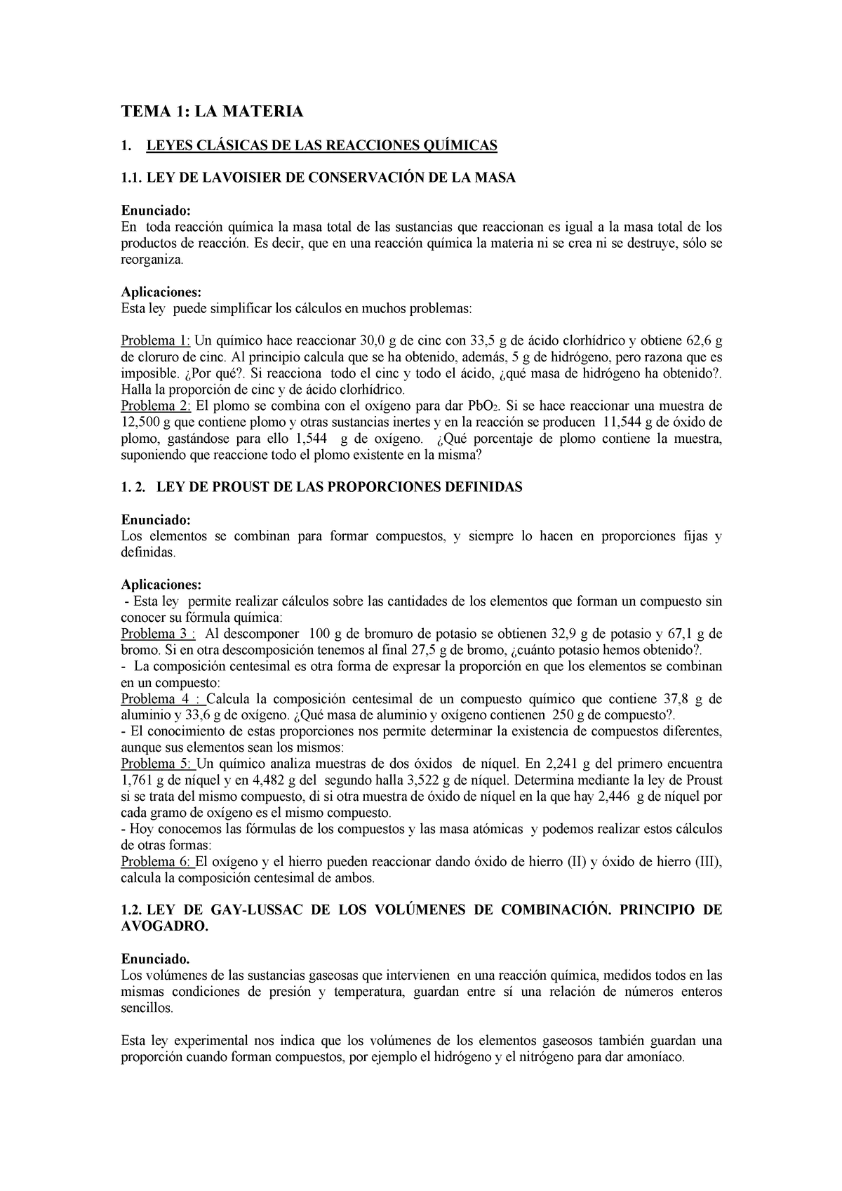 Tema1 Leyes Clasicas Tema 1 La Materia 1 Leyes ClÁsicas De Las Reacciones QuÍmicas 1 Ley De 8011