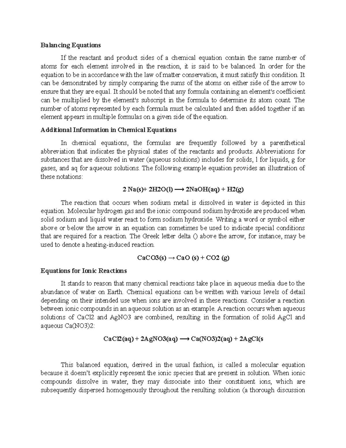 Additional Information in Chemical Equations - Balancing Equations If ...