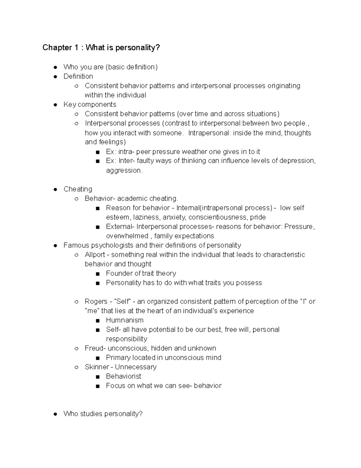 Psych 351 chapter 1 - Lecture notes 1 - Chapter 1 : What is personality ...