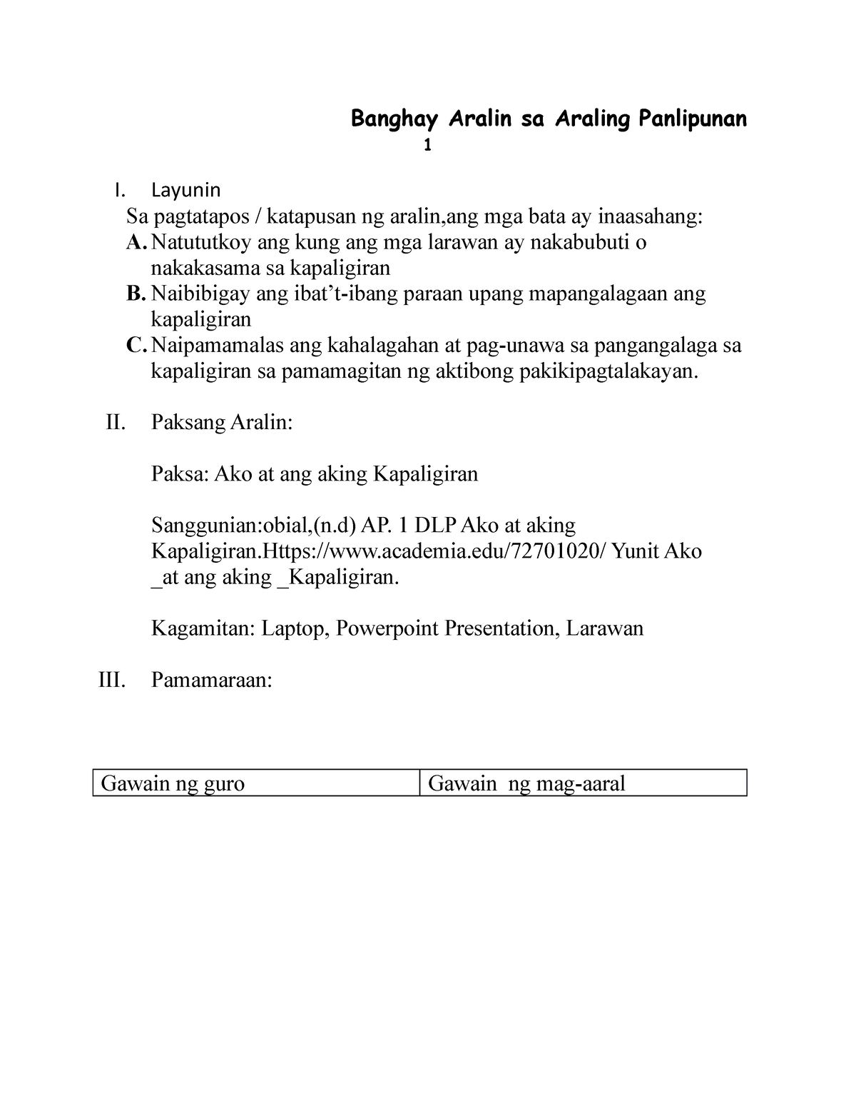 Banghay Aralin Sa Araling Panlipunan 1 - Layunin Sa Pagtatapos ...