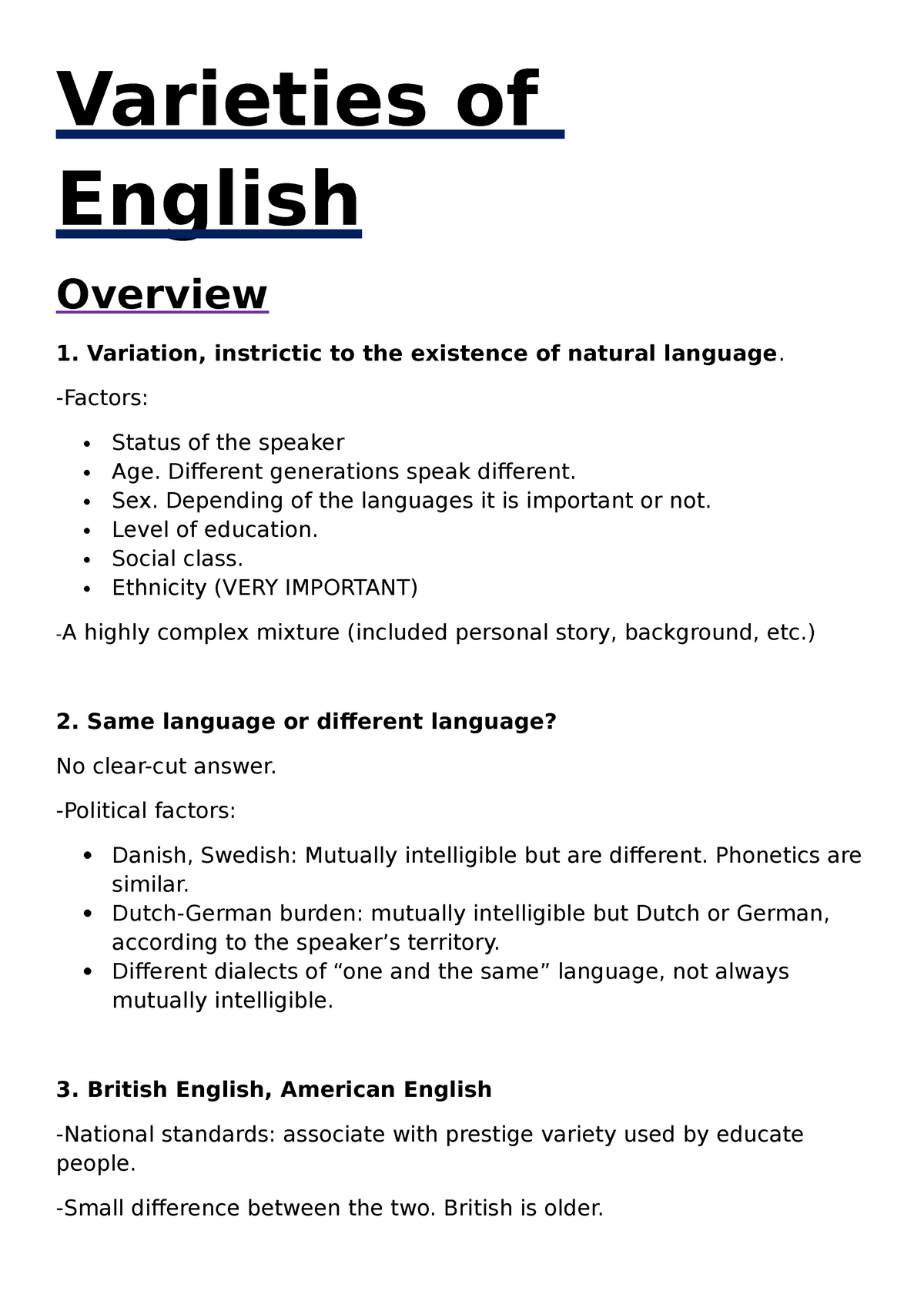 Varieties Of English - Variation, instrictic to the existence of natural  language. Status of the - Studocu