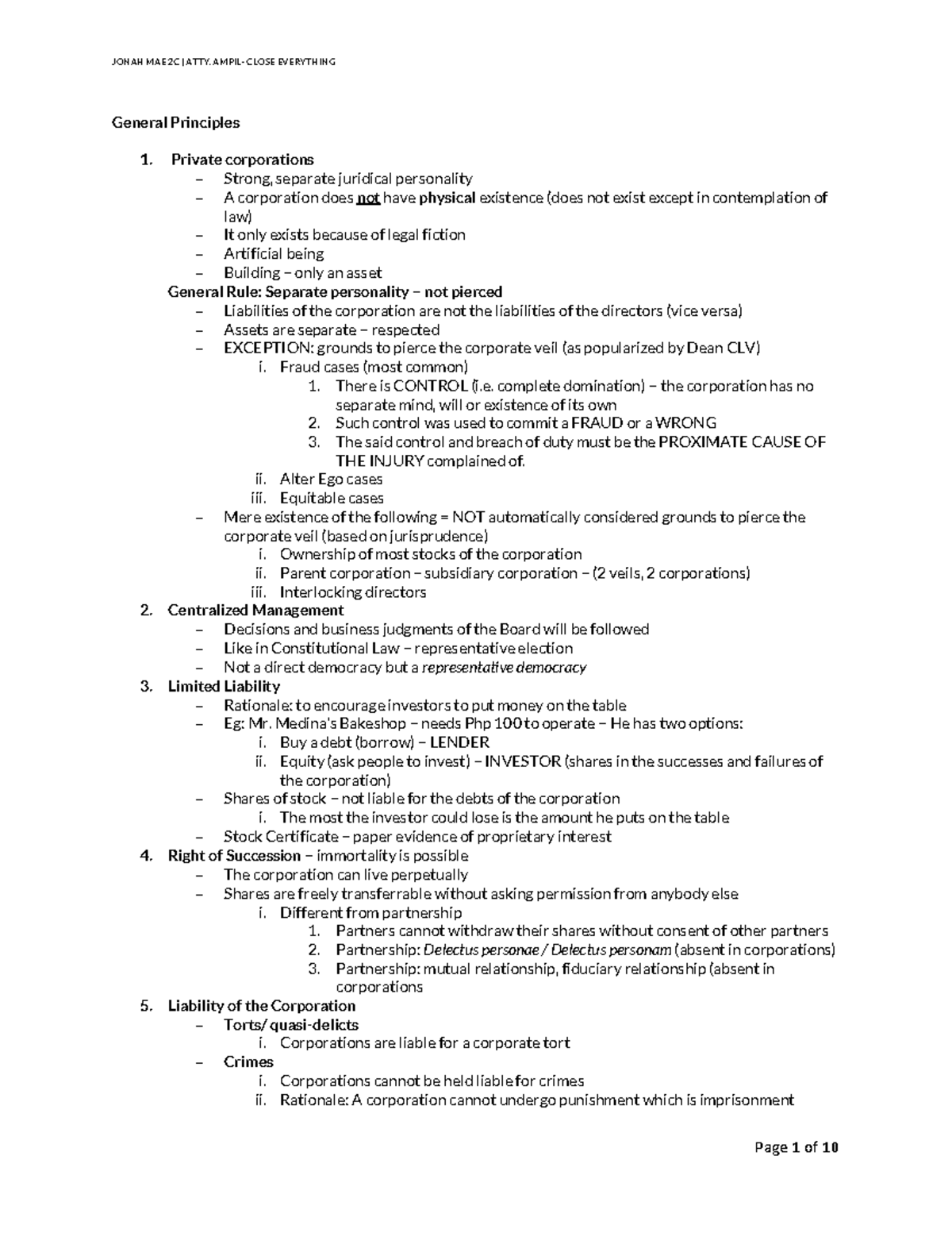 Corporation Law Notes - General Principles 1. Private corporations ...