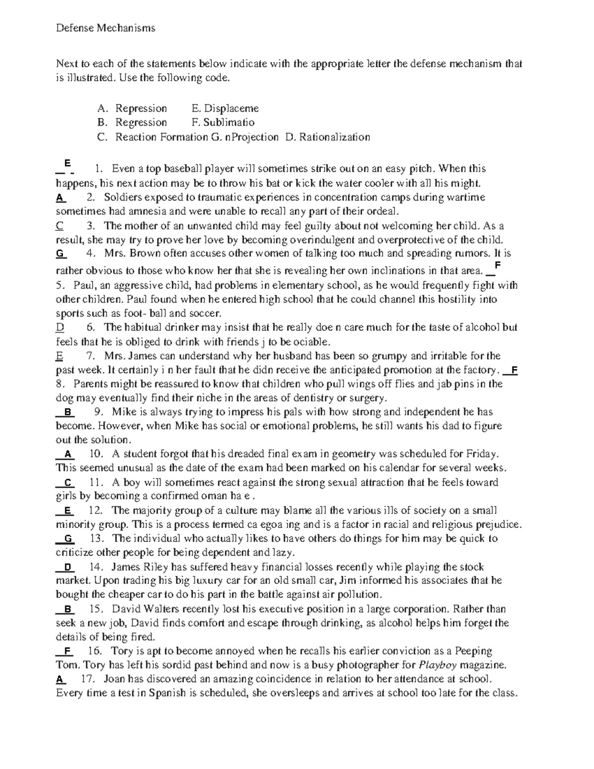 Defense Mechanisms Worksheet Defense Mechanisms Next To Each Of The Statements Below 