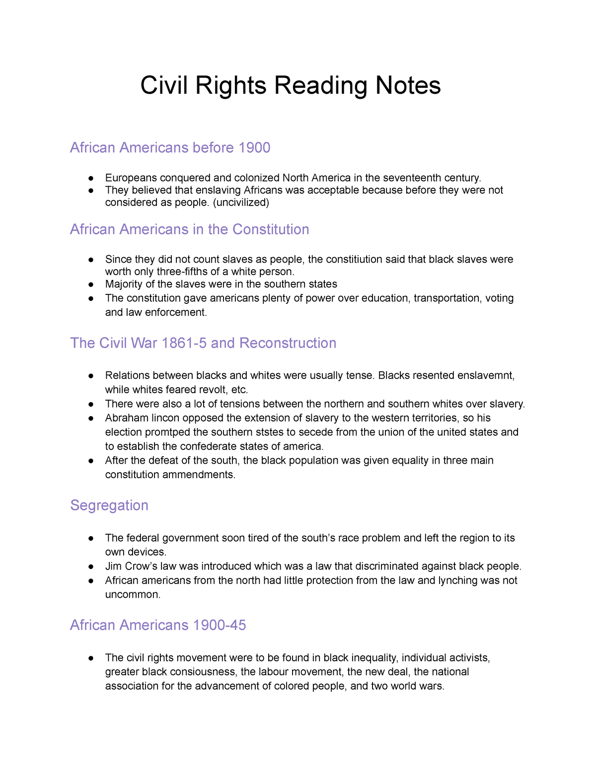 Civil Rights Reading Notes 1 Civil Rights Reading Notes African Americans Before 1900