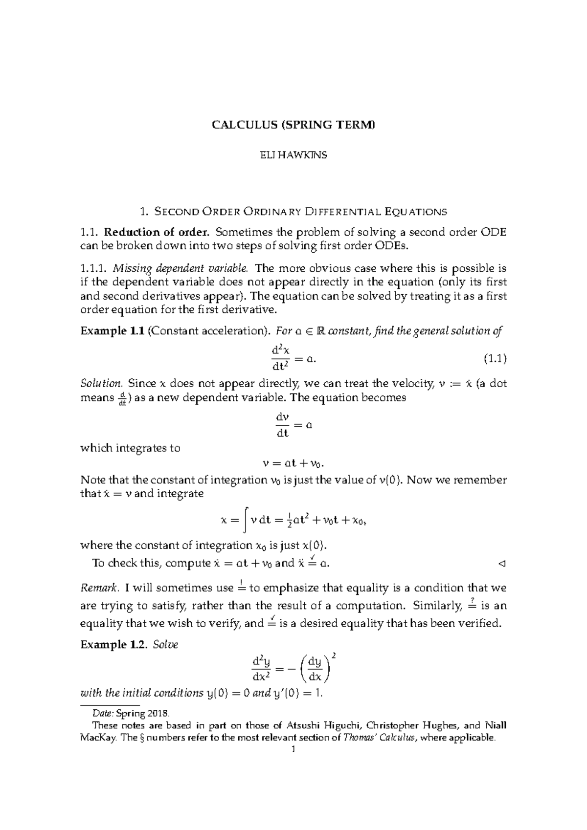 Calculus Second Order Differential Equations Notes Calculus Spring Term Eli Hawkins 1 Studocu