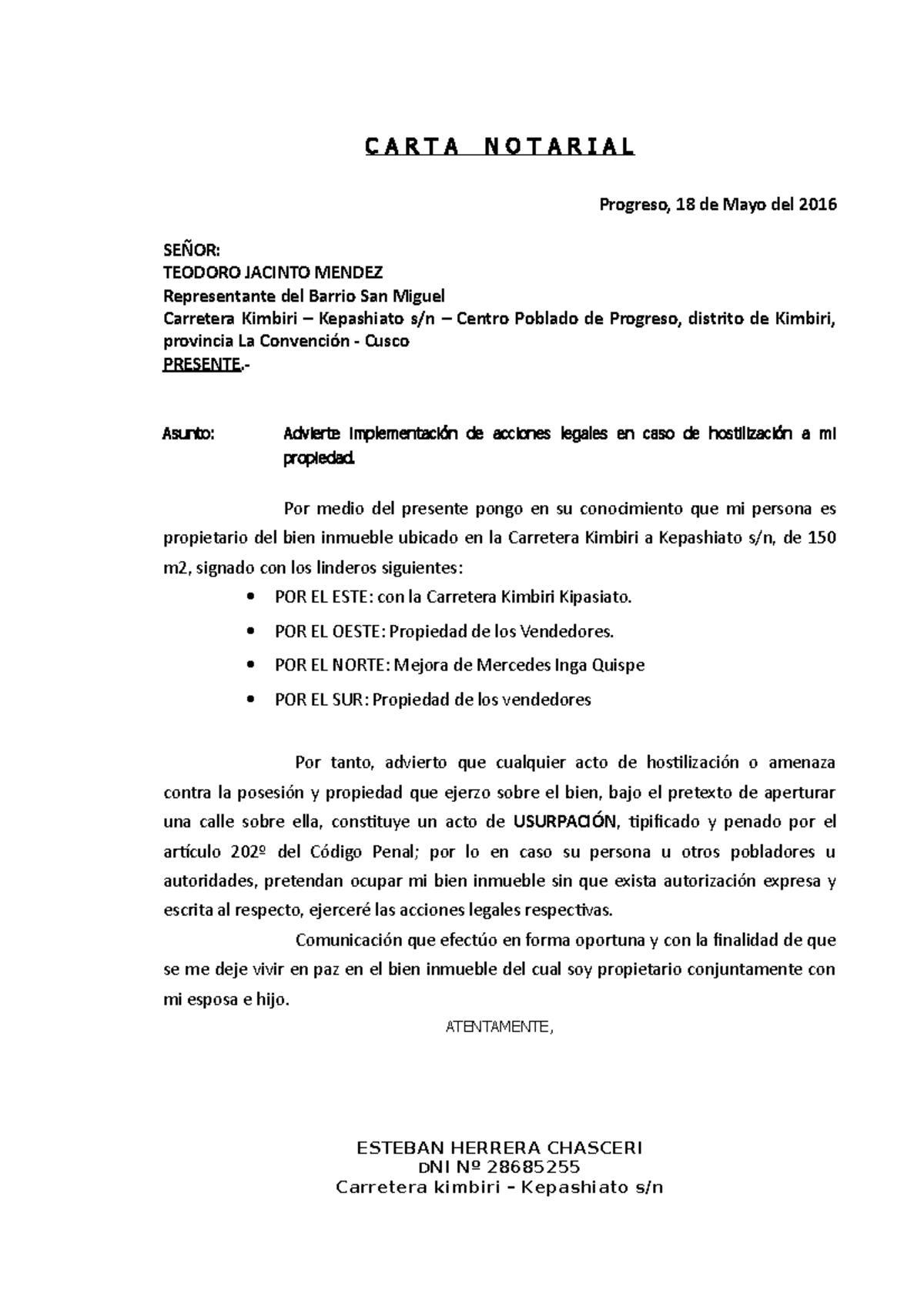 Carta Notarial Advierte Usurpacion C A R T A N O T A R I A