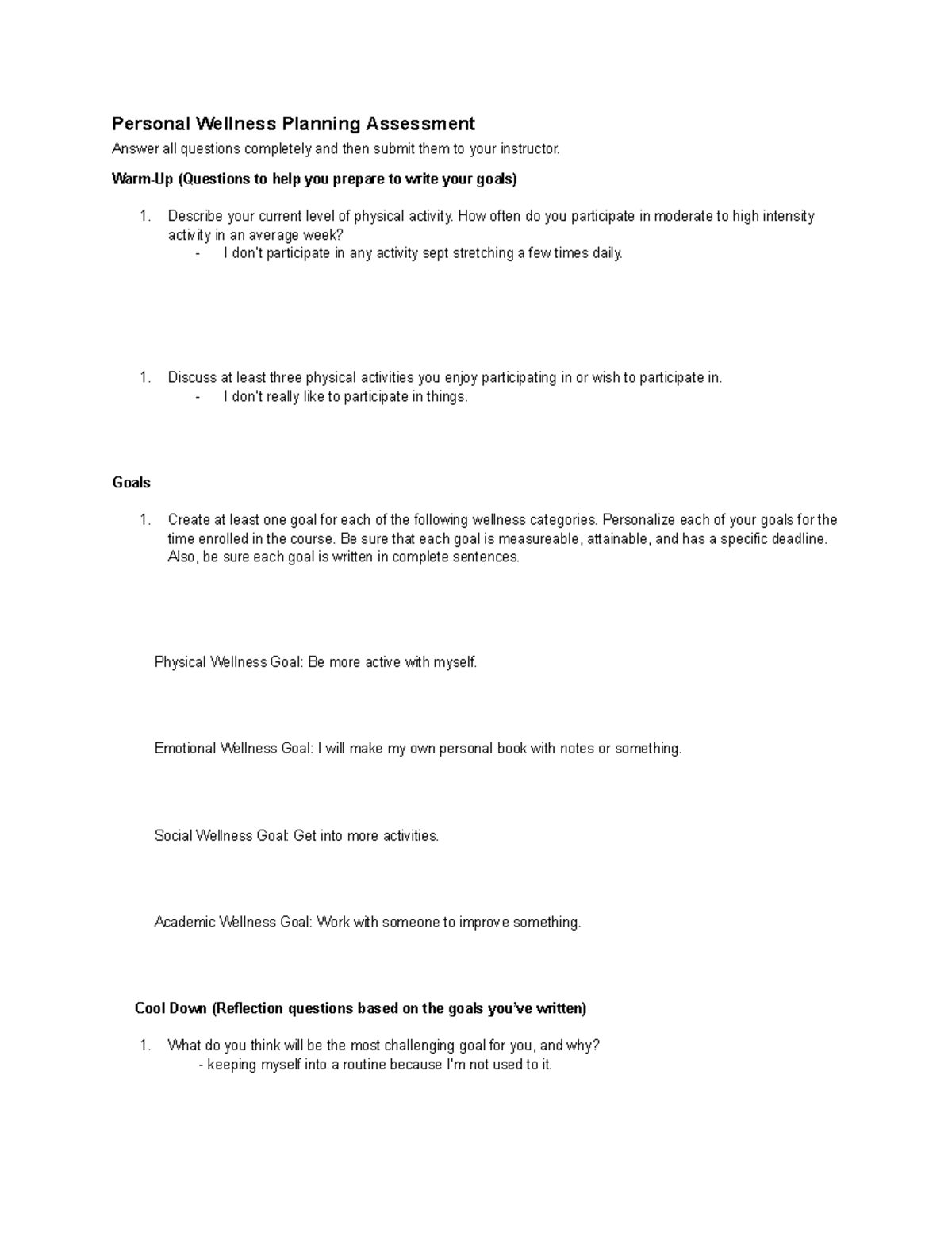 1.05 Personal Wellness Planning Assessment - Personal Wellness Planning ...