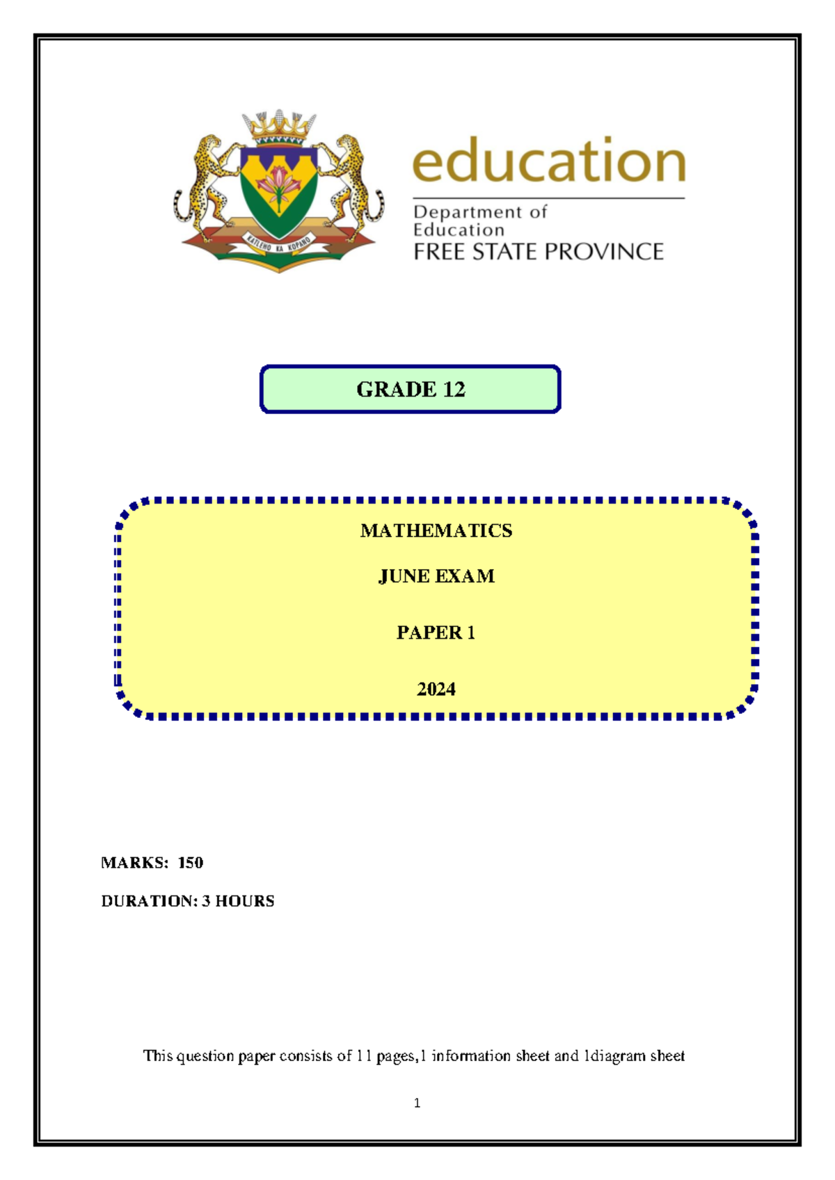 GR 12 Mathematics JUNE P1 2023 - ####### MARKS: 150 ####### DURATION: 3 ...