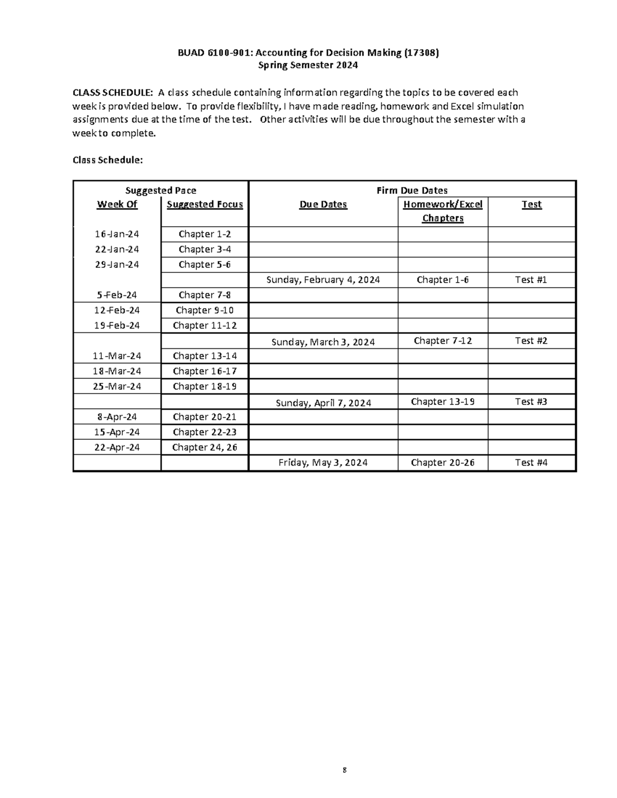 Acc BUAD 6100901 Spring 2024 Schedule BUAD 6100901 Accounting