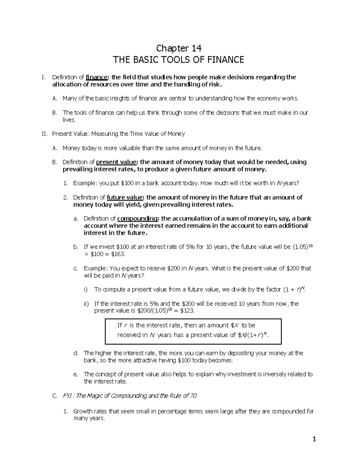 Chapter 14 - Lecture Notes - Chapter 14 THE BASIC TOOLS OF FINANCE I ...