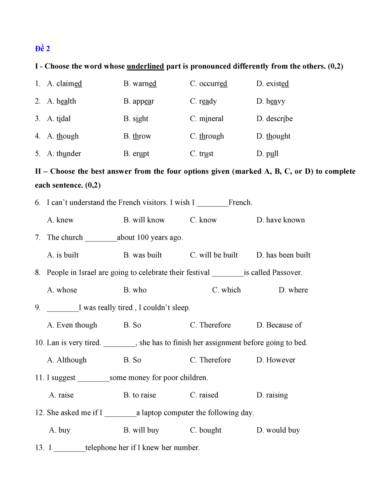 Đề Luyện 02 - Practise Test - Đề 2 I - Choose The Word Whose Underlined ...