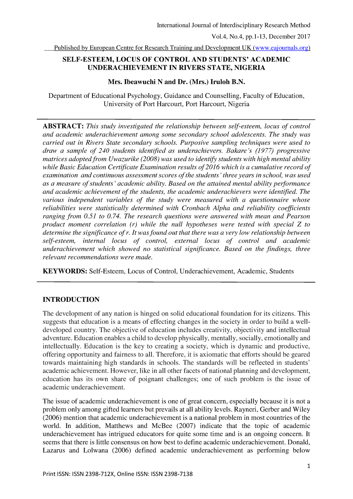 Self Esteem Locus of Control and Students’ Academic Underachievement in ...