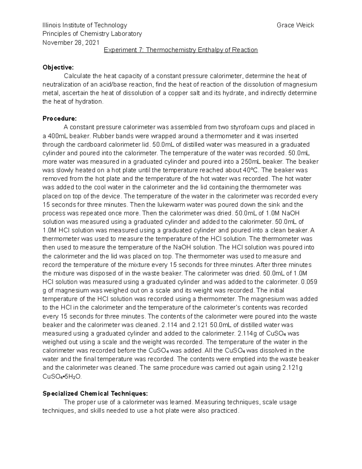 Lab 7 Report - Principles Of Chemistry Laboratory November 28, 2021 ...