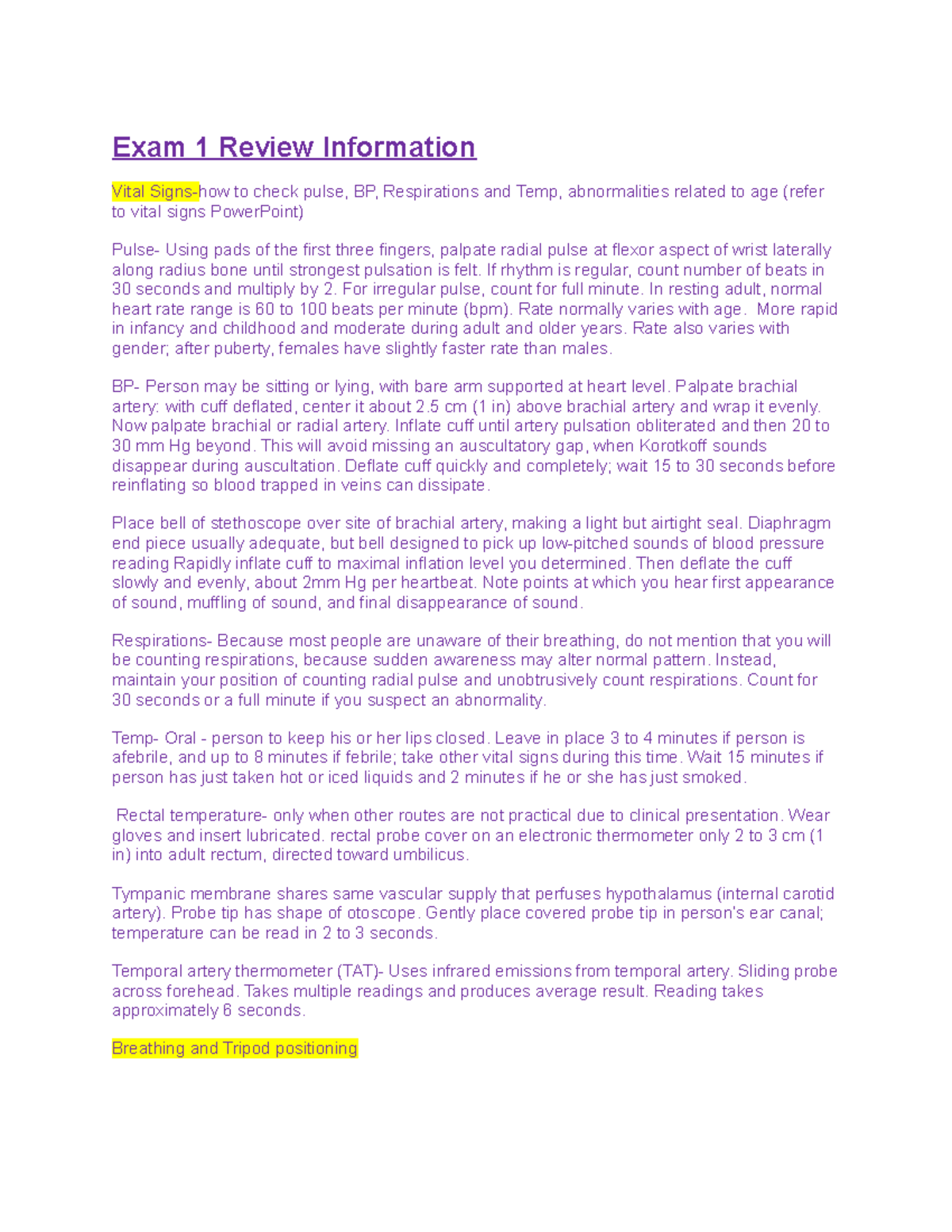 Exam 1 Review - lecture notes - Exam 1 Review Information Vital Signs ...
