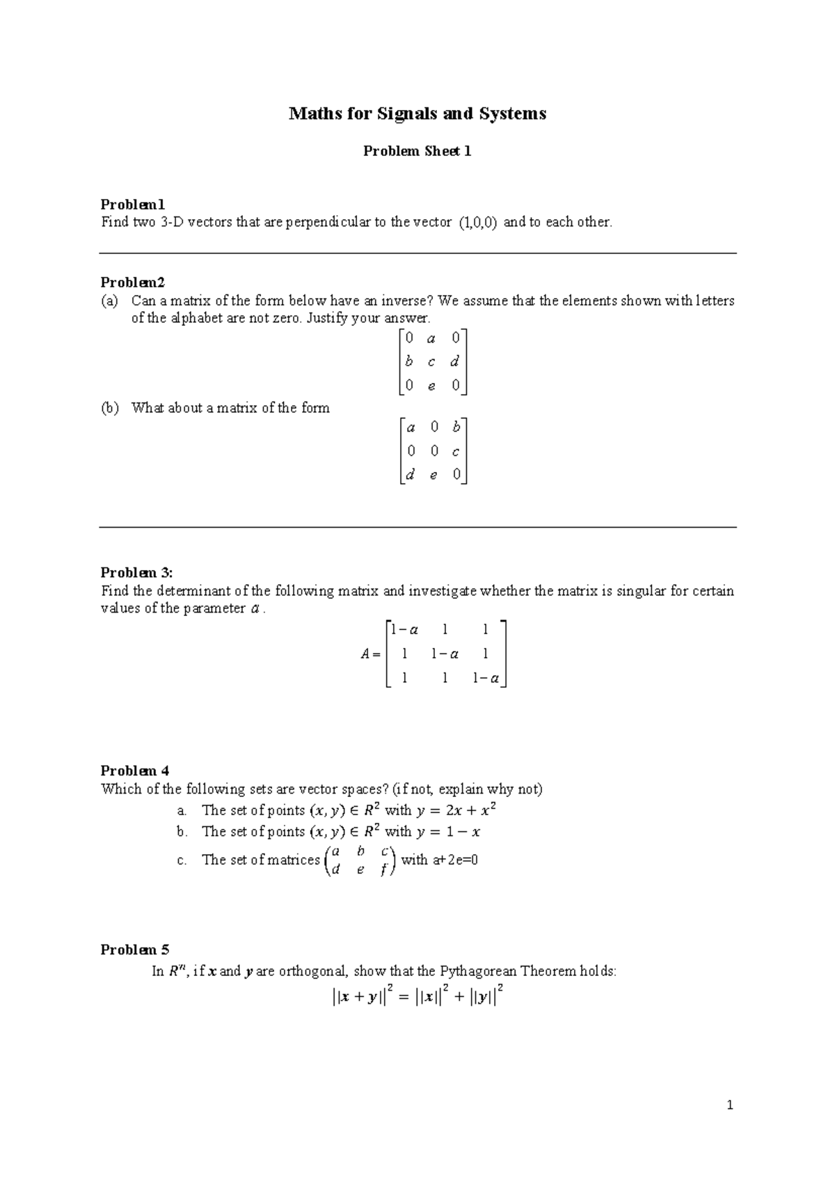 Mfsas Tutorial Sheet 1 - 1 Maths for Signals and Systems Problem Sheet ...