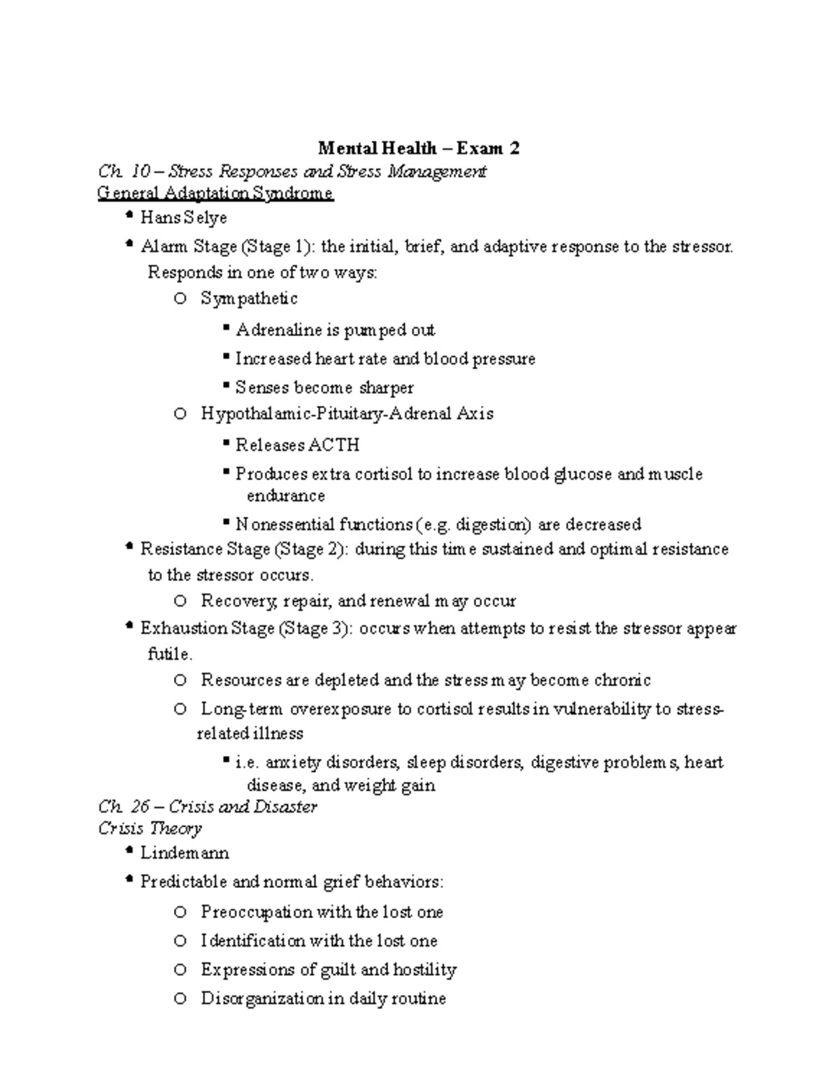 Mental Health – Exam 2 - Exam 2 study guide - Mental Health – Exam 2 Ch ...