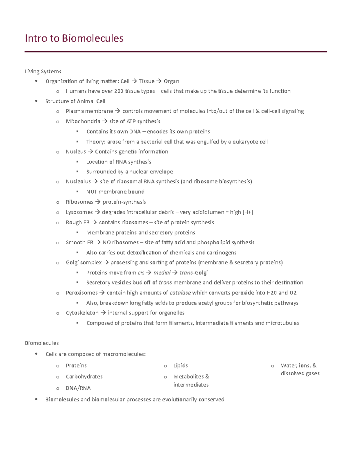 Intro to Biomolecules Lecture notes 19 Intro to Biomolecules