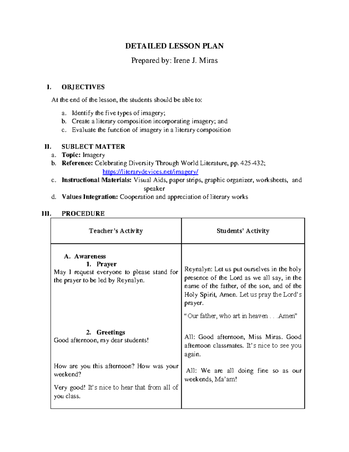 Inbound 428395416496971927 - DETAILED LESSON PLAN Prepared by: Irene J ...