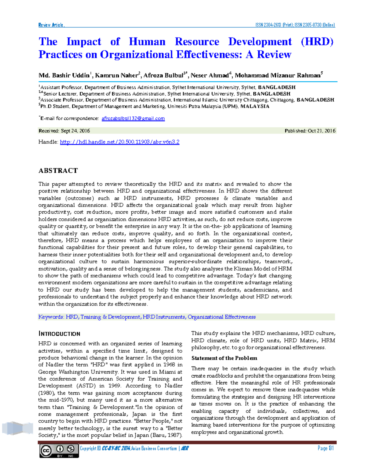 The Impact of Human Resource Development - Bashir Uddin 1 , Kamrun ...